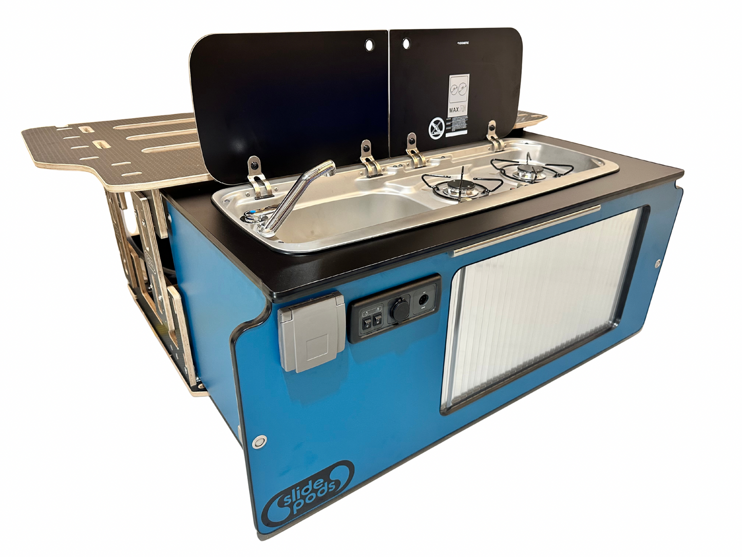 New "Gen 4" Full Spec Slidepod Ultra - Colbalt Blue With Stainless Steel Tambour Door, Black Trim & Worktop (Available in 2 weeks!)
