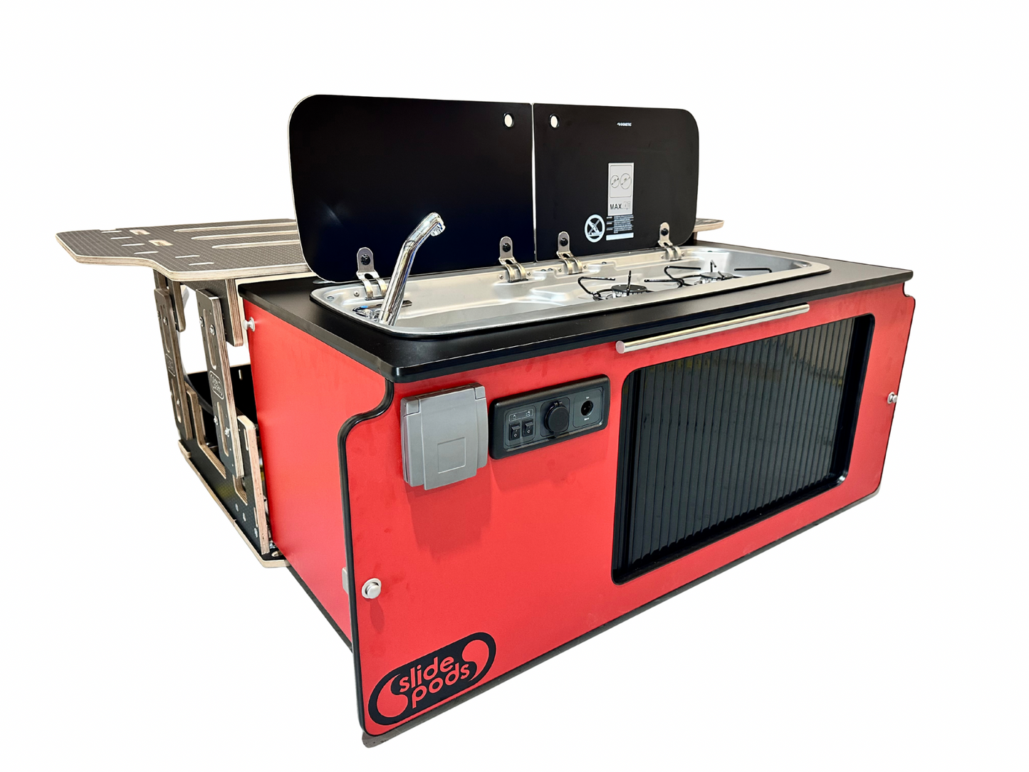 New "Gen 4" Full Spec Slidepod Ultra - Poppy Red With Black Tambour Door, Black Trim & Worktop (Available in 2 weeks!)
