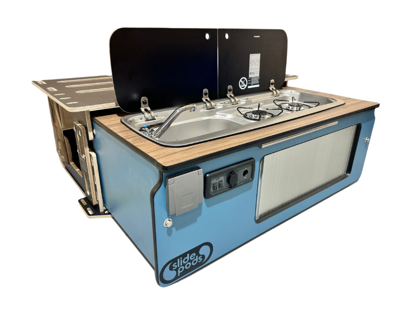 Gen 4 Ultra Compact Slidepod Full Spec - Blue with Cerini Walnut Worktop/ Stainless Steel Door - AVAIALBLE IN 2 WEEKS!