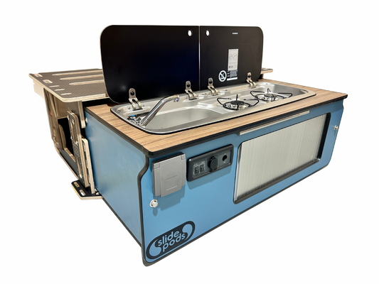 Gen 4 Ultra Compact Slidepod Full Spec - Blue with Cerini Walnut Worktop/ Stainless Steel Door - AVAIALBLE IN 2 WEEKS!