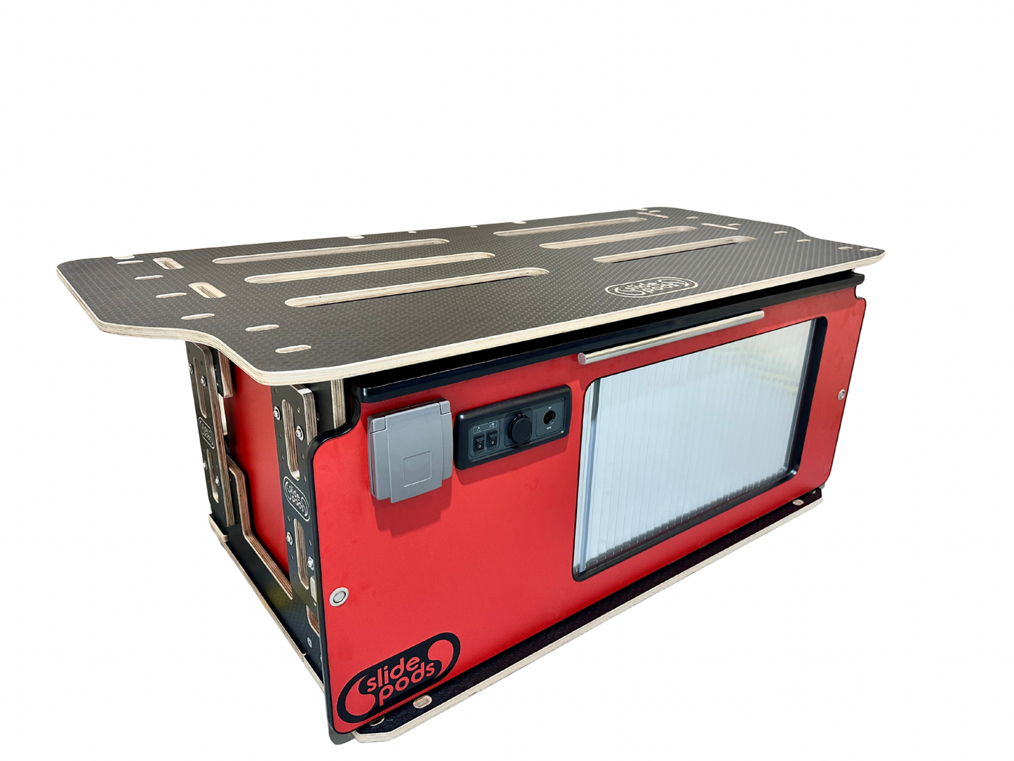 New "Gen 4" Full Spec Slidepod Ultra - Poppy Red With Stainless Steel Tambour Door, Black Trim & Worktop (Available in 2 weeks!)