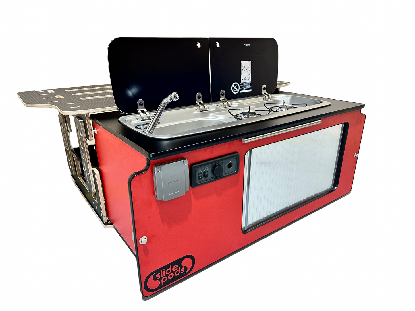 New "Gen 4" Full Spec Slidepod Ultra - Poppy Red With Stainless Steel Tambour Door, Black Trim & Worktop (Available in 2 weeks!)