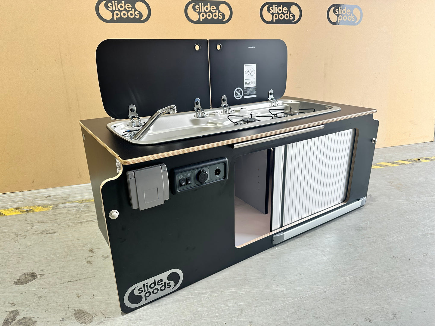 New "Gen 3" Full Spec Slidepod - Matt Black Birch + Stainless Steel Tambour Door